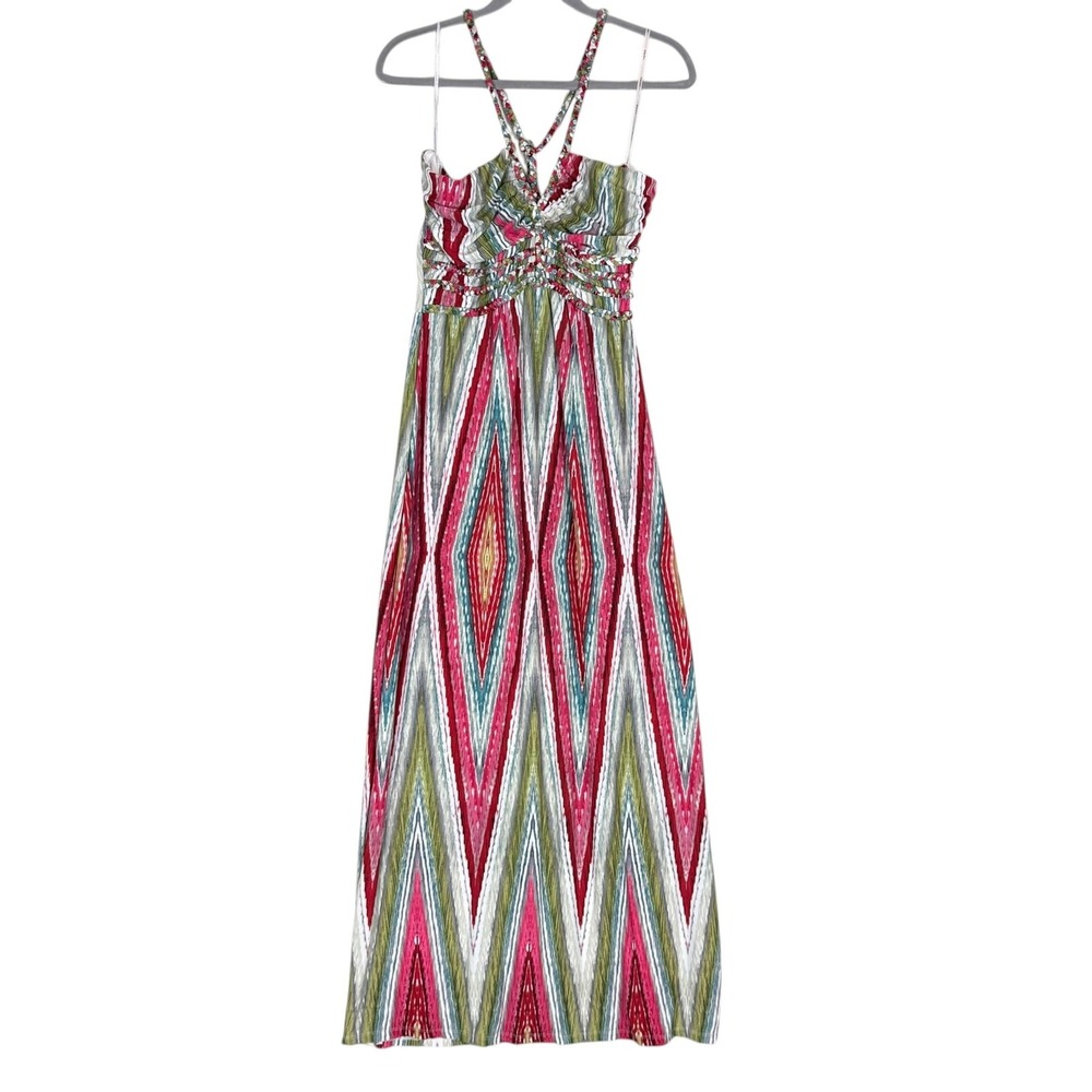 SNAP Dress Womens L Multicolor Geometric Maxi Sweetheart Braided Strap Lined
